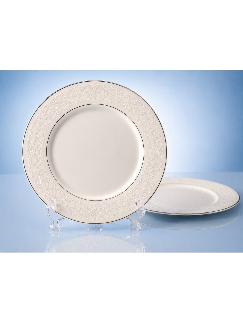 Crown Victoria 1980s Set Of 2 Salad Plates Lovelace Porcelain White Silver, 6.5”